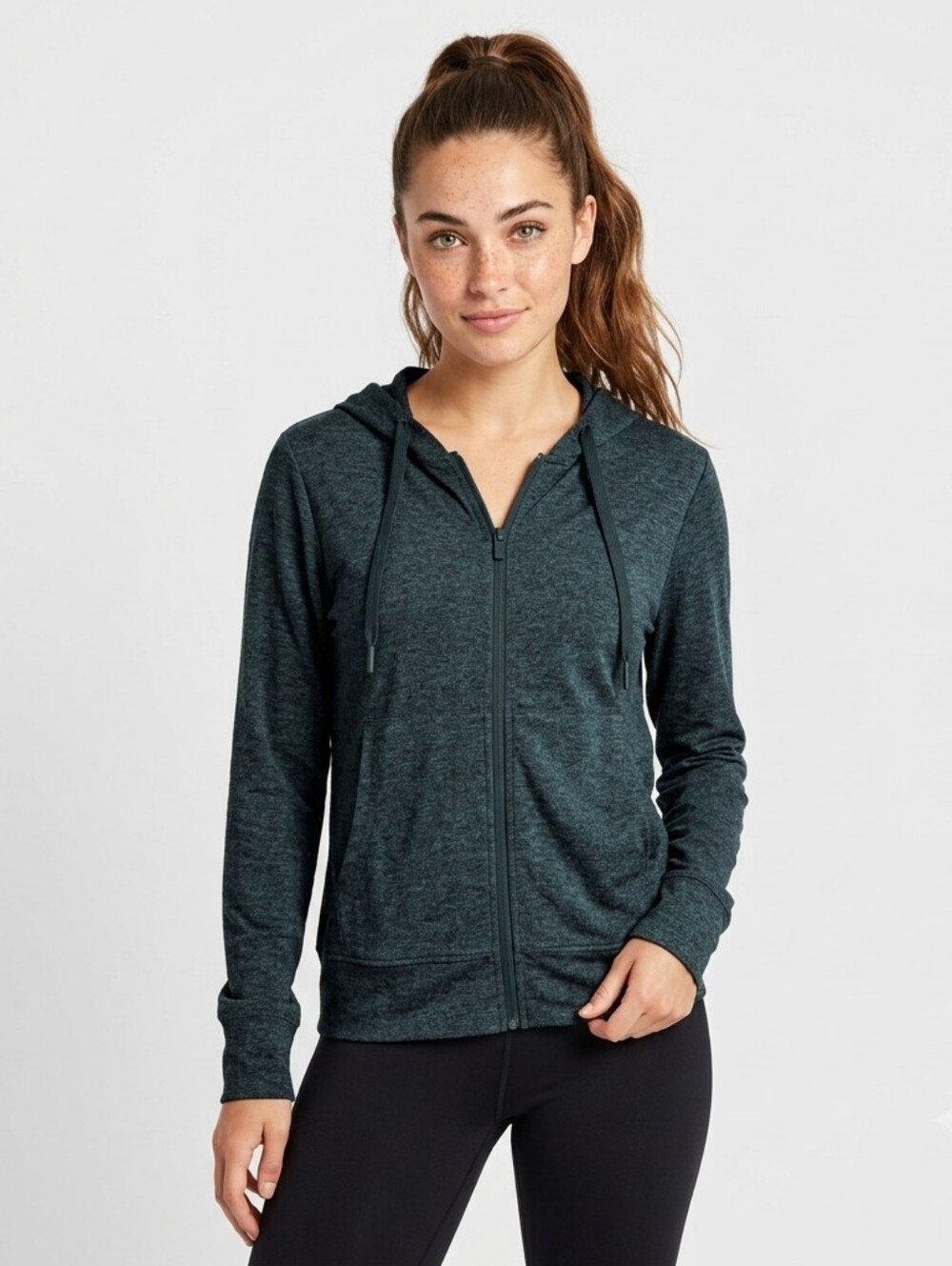 Quince Flowknit Ultra-Soft Performance Full Zip Heather Teal Green Hoodie -Small